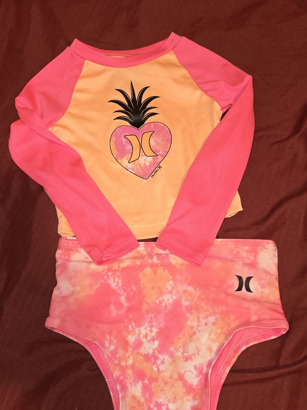 Hurley Girls Neon Pink & Orange Pineapple Rashguard Bikini Set
